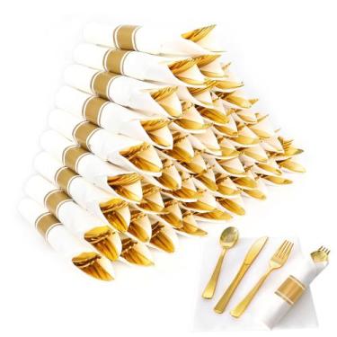 Imagem de Conjunto de talheres de plástico dourado Dlebay, pacote com 50 talhere