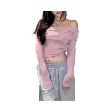 Imagem de Suéter Feminino De Tricô Ombro a Ombro Manga Longa Ajustado Pulôver Ou