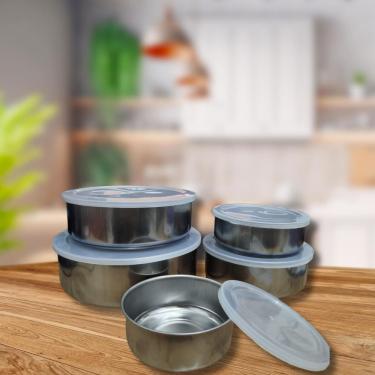 Imagem de Kit 5 Tigelas Inox Pote Com Tampa de Plástico Cozinha Alimentos Armazenamento Prateado