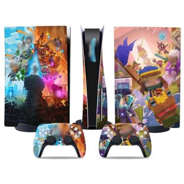Imagem de MaD Vision Conjunto de película de vinil extradurável para disco PS5 + 5 pares de anéis de mira | Kit de adesivos resistentes a arranhões para PlayStation 5 + 2 controles – para design de Minecraft