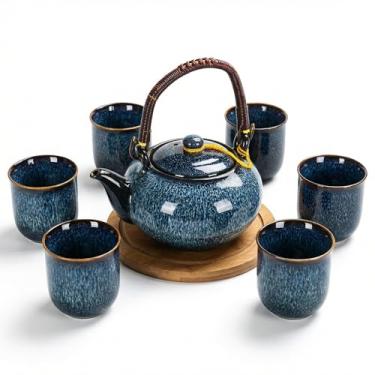 Imagem de Conjunto de chá chinês Gongfu Procelain, conjunto de chá japonês de 7 peças, 1 bule de chá, 6 xícaras de chá, conjunto de chá chinês para adultos/amantes de chá, azul (azul)