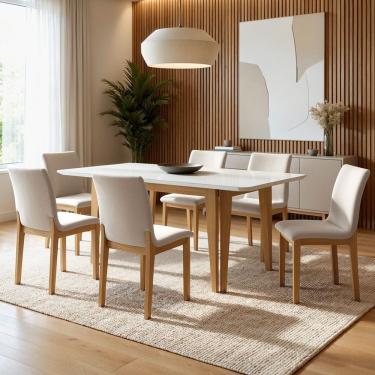 Imagem de Conjunto Sala de Jantar 6 Lugares Retangular Tampo Vidro Base Madeira Maciça Mesa e Cadeiras Bella Cinamomo/Off White/Palha