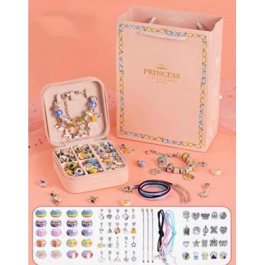 Imagem de Kit Pulseira Colar E Berloques Diy 66 Peças Com Porta Joias E Sacola P