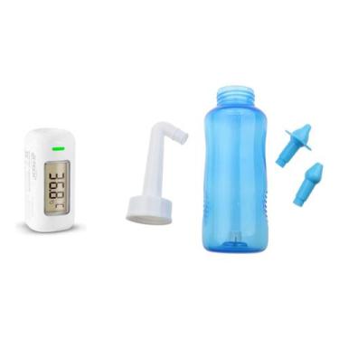 Imagem de Kit Termômetro Febre Go + Lavagem Nasal Sinusite Rinite Branco E Azul 