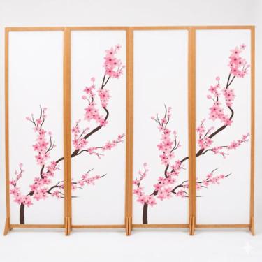 Imagem de 4 Biombo Oriental Japonês Sakura Reto Com Pés Folha Painel Mdf Divisor