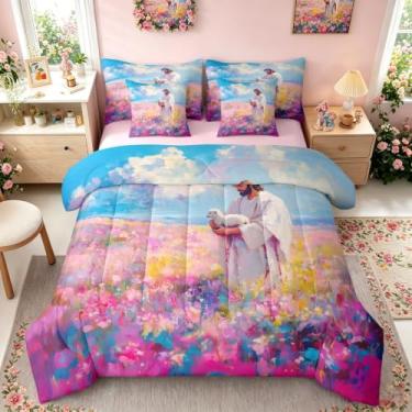 Imagem de Manfei Conjunto de edredom infantil de Deus e Cordeiro, tamanho Queen, arte espiritual da crença, roupa de cama ocidental, 7 peças, decoração de flores de cordeiro perdido para meninas e meninos, azul