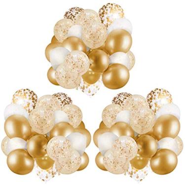 Imagem de Dandy Decor Pacote com 60 balões dourados + balões de confete com fita | Látex dourado | Dourado | Látex durável e de longa duração 30,5 cm branco e dourado |