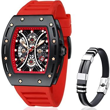 Imagem de Relógio masculino Skeleton à prova d'água esportivo analógico com design de quartzo Tonneau com pulseira de silicone relógio de pulso vermelho 0240