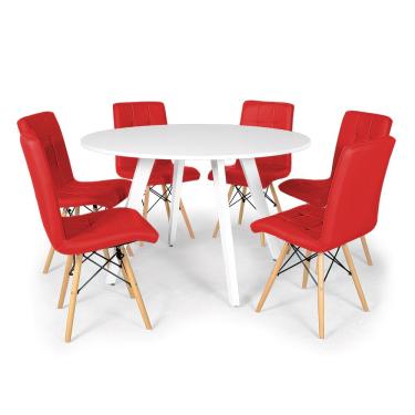 Imagem de Conjunto Mesa de Jantar Redonda Amanda Branca 120cm com 6 Cadeiras Eiffel Gomos - Vermelho