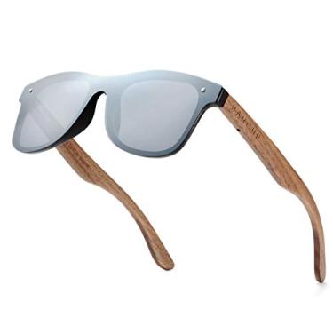 Imagem de BARCUR Óculos de sol vintage unissex de madeira polarizada, nogueira zebra, sem aro, Azul, laranja, preto, Lens Height: 48 mm