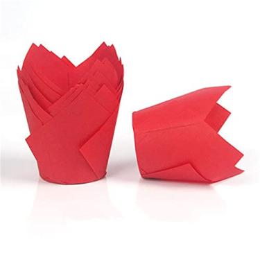 Imagem de 150 peças de copos de papel de assar tulipa, embalagens de forros de muffin de cupcake papel de pergaminho rústico para festa, aniversário e casamento (Vermelho)