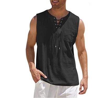 Imagem de Camiseta regata masculina de algodão e linho casual sem mangas moda camisetas hippie de praia, Preto, 3X-Large