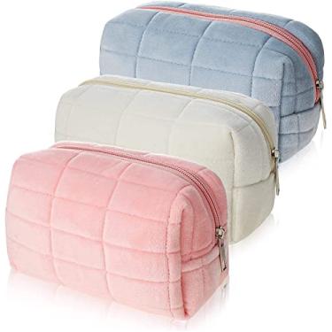 Imagem de Bolsa de maquiagem de pelúcia bolsa de cosméticos para mulheres, com zíper grande cor sólida bolsa de higiene pessoal de viagem bolsa de higiene pessoal de viagem bolsa de lavagem (3 pecas)