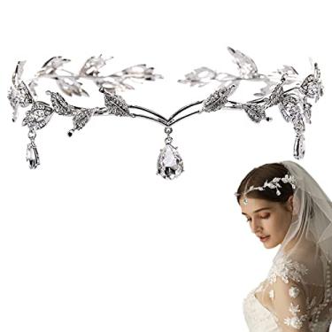 Imagem de Tiaras e coroas de casamento elegantes com folhas de strass, pingente de cristal, tiara para noiva, dama de honra, aniversário, coroa, acessórios de cosplay para mulheres, 1 Count (Pack of 1), Strass