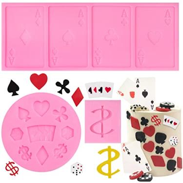 Imagem de ywzbomoldrm Formas de fondant de chocolate para cartas de pôquer, 3 peças, molde de silicone com tema de cassino para decoração de bolo de dados, açúcar duro, topo de cupcake, picolé, artesanato de