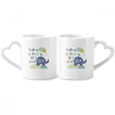 Imagem de Conjunto de canecas de porcelana para casais, animais amarelos, listradas, com desenho de pássaro, elefante e coração