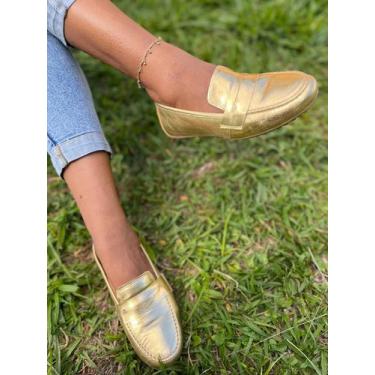 Imagem de Sapato Feminino Mocassim Oxford Dourado Metalizado - Bella Dama