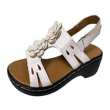 Imagem de Sandálias para mulheres meninas moda verão multicolorido flor bico redondo gancho e laço sandálias plataforma fivela tira no tornozelo sandálias anabela (branco, 6)