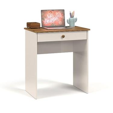 Imagem de Escrivaninha Compacta para Estudos e Notebook Office Estilo com 1 Gaveta Corrediça Metálica (Off White/Freijo)