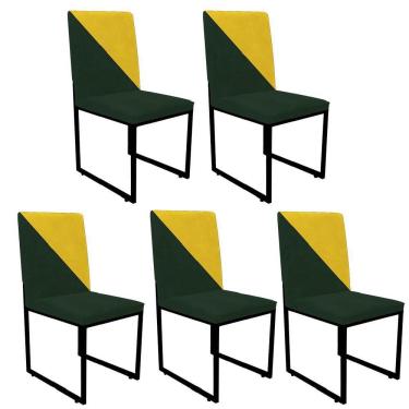 Imagem de Kit 05 Cadeira Stan Duo Sala De Jantar Ferro Preto Suede Verde E Amarelo - Amey Decor