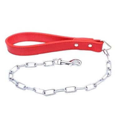 Imagem de haoyueer 71 cm de comprimento corrente resistente para cães com alça de couro para caminhadas de cães de tamanho grande e médio, treinamento de trânsito e viagens (vermelho)