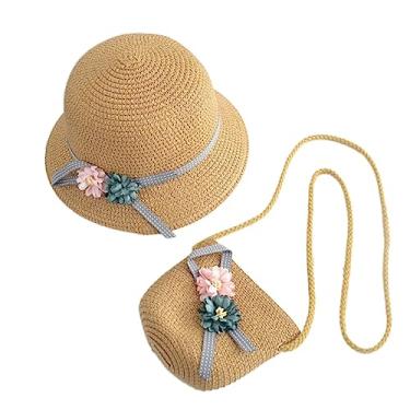 Imagem de Adorainbow 1 Conjunto chapéu de praia tecido chapéu de páscoa gorro trançado caqui canudos saco de palha infantil saco de criança de palha verão definir bolsa de palha chapéu de palha menina