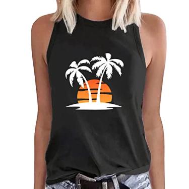 Imagem de HawaiianShirts for Women Sunset Print Summer Tank Tops Sem Mangas Casual Solto Camiseta Blusa, #02 Preto, M