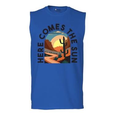 Imagem de Camiseta masculina Here Comes The Sun Muscle Retro Boho Cactus Canyon Sunrise Vintage Travel Hippie Summer Sixties South, Azul, G