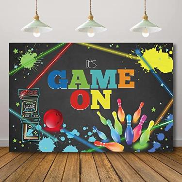 Imagem de Rarcoirs Cenário de jogo de fliperama para festa de aniversário, laser, tema de boliche, decoração de aniversário retrô, estúdio de videogame, fotografia, faixa, adereços 180 x 119 cm