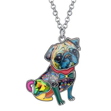Imagem de DALANE Colar de liga de esmalte com strass, pingente de cachorro pug, joias de animais de estimação, joias para mulheres, meninas, presentes, 37mm x 29mm, Zinco, Strass