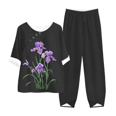 Imagem de Roupas femininas de linho de verão de manga média com botões e perna reta, calças largas, Preto, 3X-Large