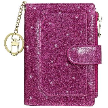 Imagem de Carteira feminina RFID pequena compacta de couro dobrável com bolso com zíper, Rosa com glitter, Pequeno