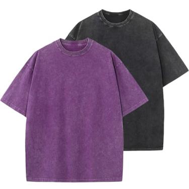 Imagem de Camisetas masculinas de algodão grandes folgadas vintage lavadas unissex manga curta camisetas casuais, Preto + roxo, M