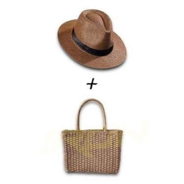 Imagem de Kit Chapéu Palha + Bolsa Praia Feminino Casual ABA MÉDIA PANAMÁ 338-Unissex