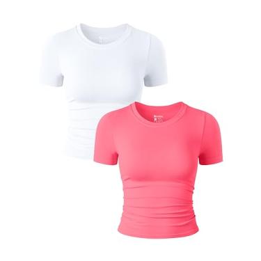 Imagem de OQQ Camisetas femininas de 2 peças, manga curta, gola redonda, franzida, elástica, justa, cropped, Rosa fluorescente, branco, P