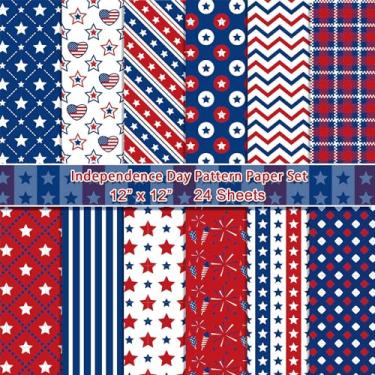Imagem de sorkwo 24 folhas de papel padrão do Dia da Independência, 30,5 cm x 30,5 cm, papel de cartolina estampado, materiais para scrapbook, vintage, papel decorativo para fazer cartões faça-você-mesmo, álbum