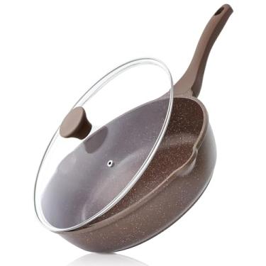 Imagem de Frigideira antiaderente SENSARTE, frigideira de 30,5 cm com tampa, alça para ficar fresca, panela de cozinha saudável com capa, compatível com indução, sem PFOA (marrom caramelo)