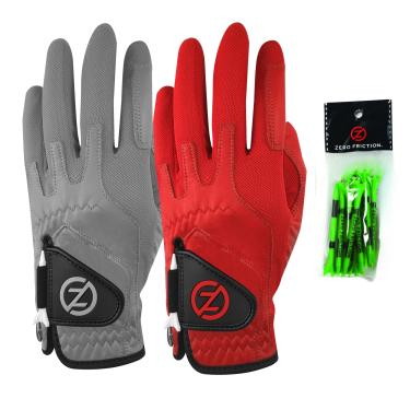 Imagem de Zero Friction GL72005 Luva de golfe masculina Cabretta Elite, pacote com 2, camiseta, usada na mão esquerda (apenas para luvas), cinza e vermelha, ajuste universal