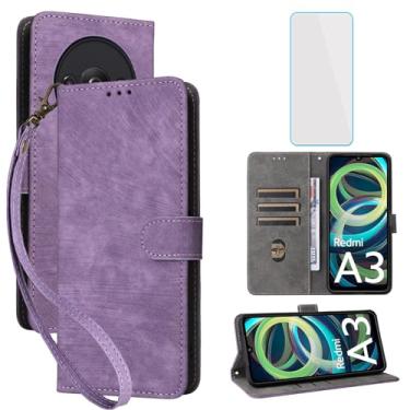 Imagem de IUQXU Capa carteira para celular Xiaomi Redmi A3 / Poco C61 com protetor de tela [bloqueio RFID] Suporte de cartão flip de couro com alça de pulso masculina e feminina para PocoC61 Redmi A3 LTE roxo