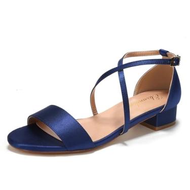 Imagem de Elivandon J1584 Sandália Feminina de Cetim Salto Baixo 3cm Bico Aberto Salto Bloco Sapato para Festa Noite Casamento Cor Azul Escuro,Tamanho BR 39/EU 41