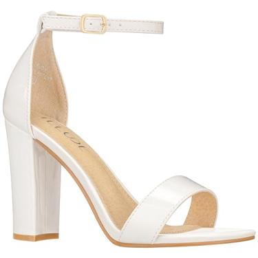 Imagem de ILLUDE Sandálias femininas de salto alto com tira no tornozelo e bloco grosso – formal, casamento, festa de salto clássico – rubi, Patente branca, 11