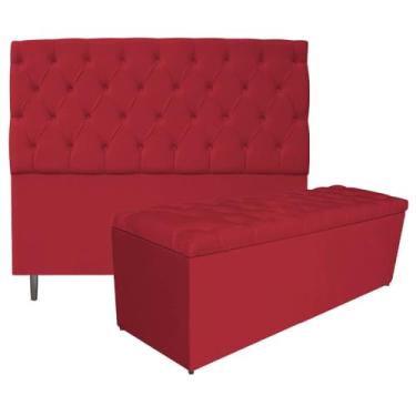 Imagem de Kit Cabeceira e Calçadeira Liverpool 140 cm Casal Suede Vermelho - Amarena Móveis