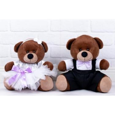 Imagem de Ursos de Pelúcia Casal Tedde Marron 15 cm, Conjunto de 2, Vestido Branco e Macacão Preto (Tedde Pajem Preto, Daminha Branca, detalhes lilás - Pelúcia Marrom)