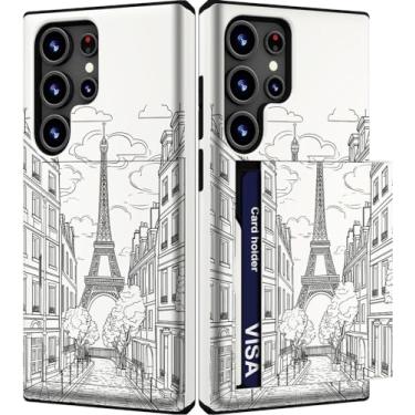 Imagem de IWONE Capa fofa com porta-cartão para S24 Ultra/Slim Slot Carteira Capa de telefone para mulheres compatível com Samsung Galaxy S24 Ultra/Torre Eiffel Paris França Rua Cidade Desenho de Nuvens