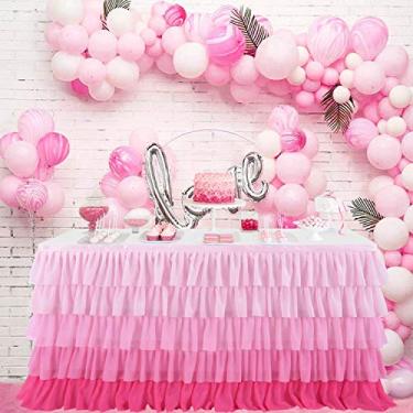 Imagem de Saia de mesa de tule sereia para mesa retangular ou redonda tutu chiffon toalha de mesa para aniversário, chá de bebê, casamento, decoração de festa (rosa gradual, G 2,7 m, A 76,2 cm)