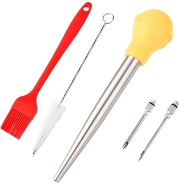 Imagem de Kalsreui Baster de peru, seringa de aço inoxidável 18/8 para cozinhar, conjunto de injetor de carne com 2 agulhas e 2 pincéis de limpeza, tempero para sabor de carne, aves, carne e frango amarelo