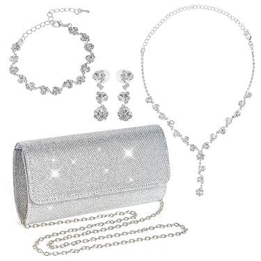 Imagem de Rbenxia Conjunto de joias femininas com strass para noite com glitter, prata, brincos, pulseiras, para mulheres, noivas, casamentos, festas noturnas
