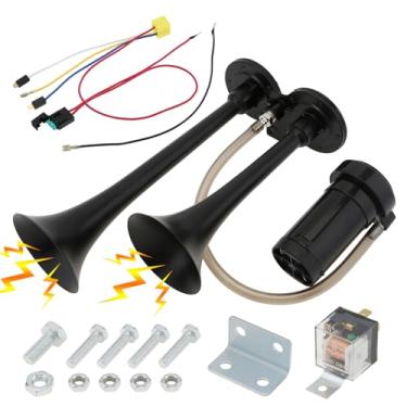 Imagem de DriSentri Buzinas de trem para caminhão, kit de buzina de ar de trompete duplo super alto 12V 150dB buzinas de caminhão com compressor para veículos de 12 V, caminhões, trens, carros, barcos, preto
