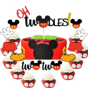 Imagem de 26 Pcs Red 2nd Birthday Cake Topper Glitter Oh Twodles Cupcake Toppers for Baby Boys Two Years Old Birthday Party Cake Supplies Decorations