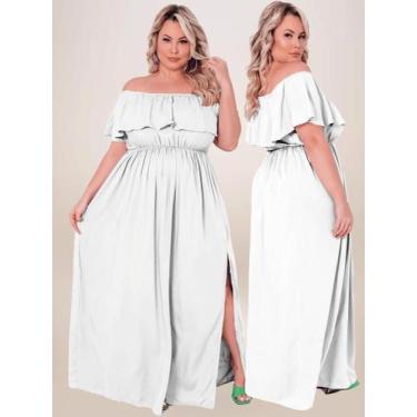 Imagem de Vestido Longo Plus Size Branco Ano Novo Ombro a Ombro Fenda Ciganinha 